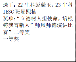 选手：22生科彭馨玉，23生科IESC班屈熙楠奖项：“立德树人担使命，培根铸魂育新人”师风师德演讲比赛”二等奖一等奖