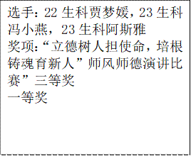 选手：22生科贾梦媛，23生科冯小燕，23生科阿斯雅奖项：“立德树人担使命，培根铸魂育新人”师风师德演讲比赛”三等奖一等奖